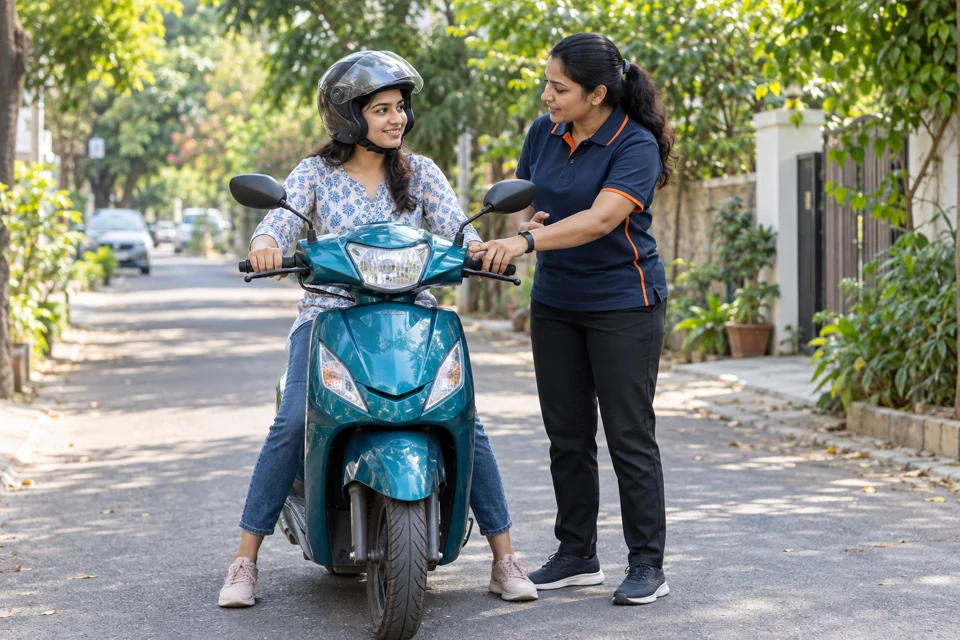 Instructor teaching a helmeted learner on their own scooter