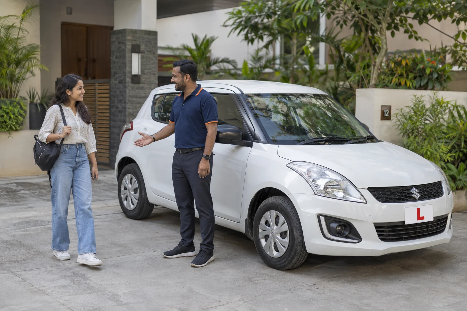 An instructor meeting a learner outside her home with a training car