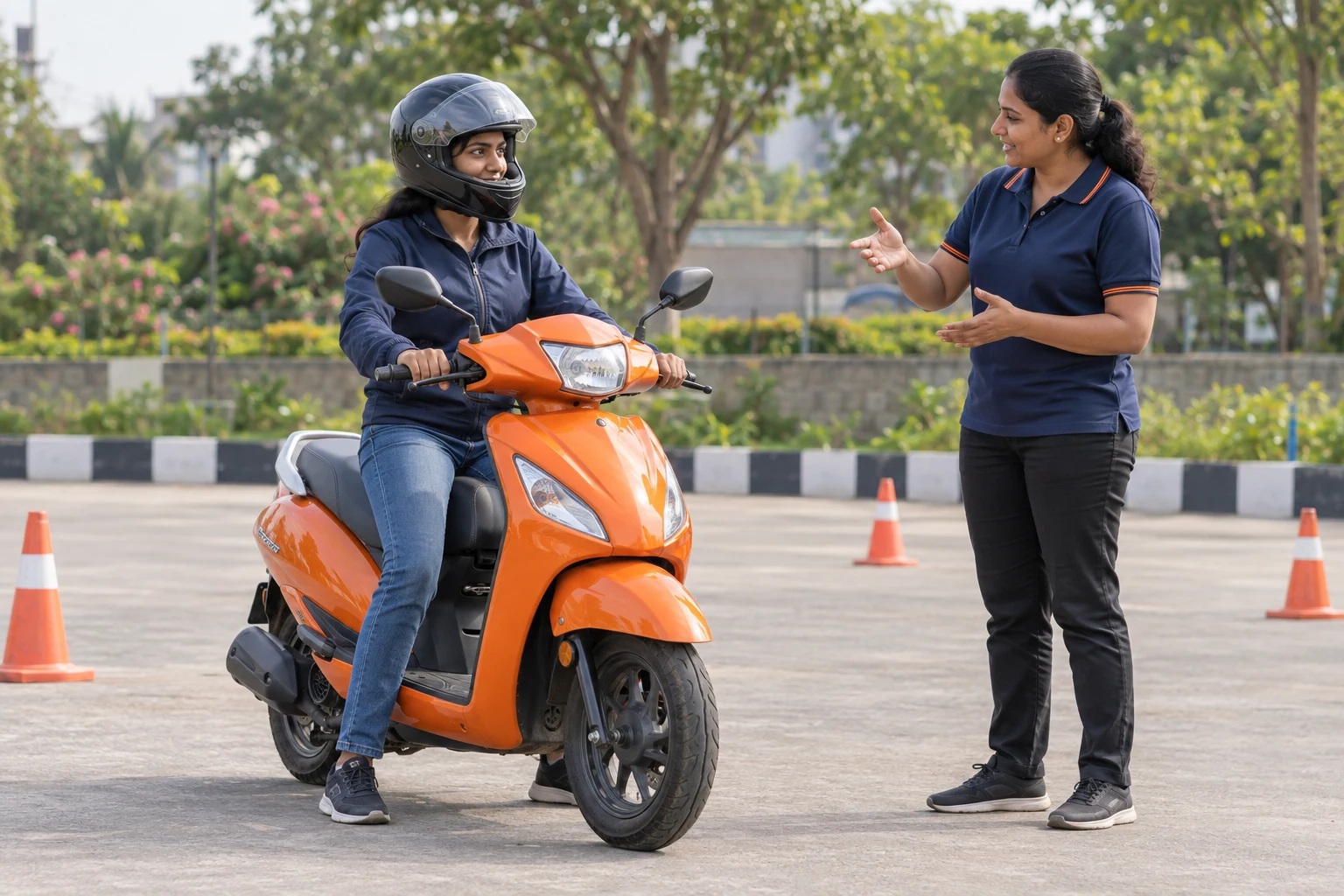 DriveMe instructor teaching a helmeted scooter learner